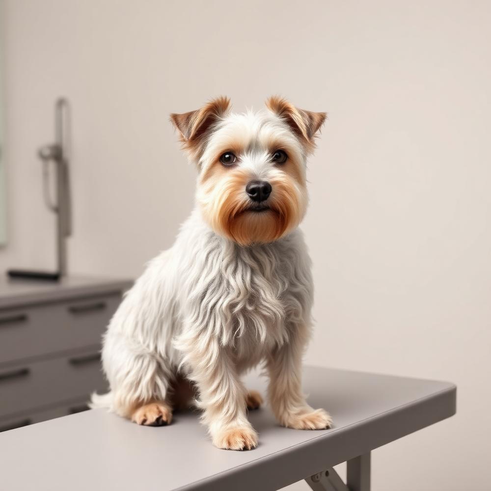 Scruffy terrier tidy-up after grooming at Christina's Doggie Spa