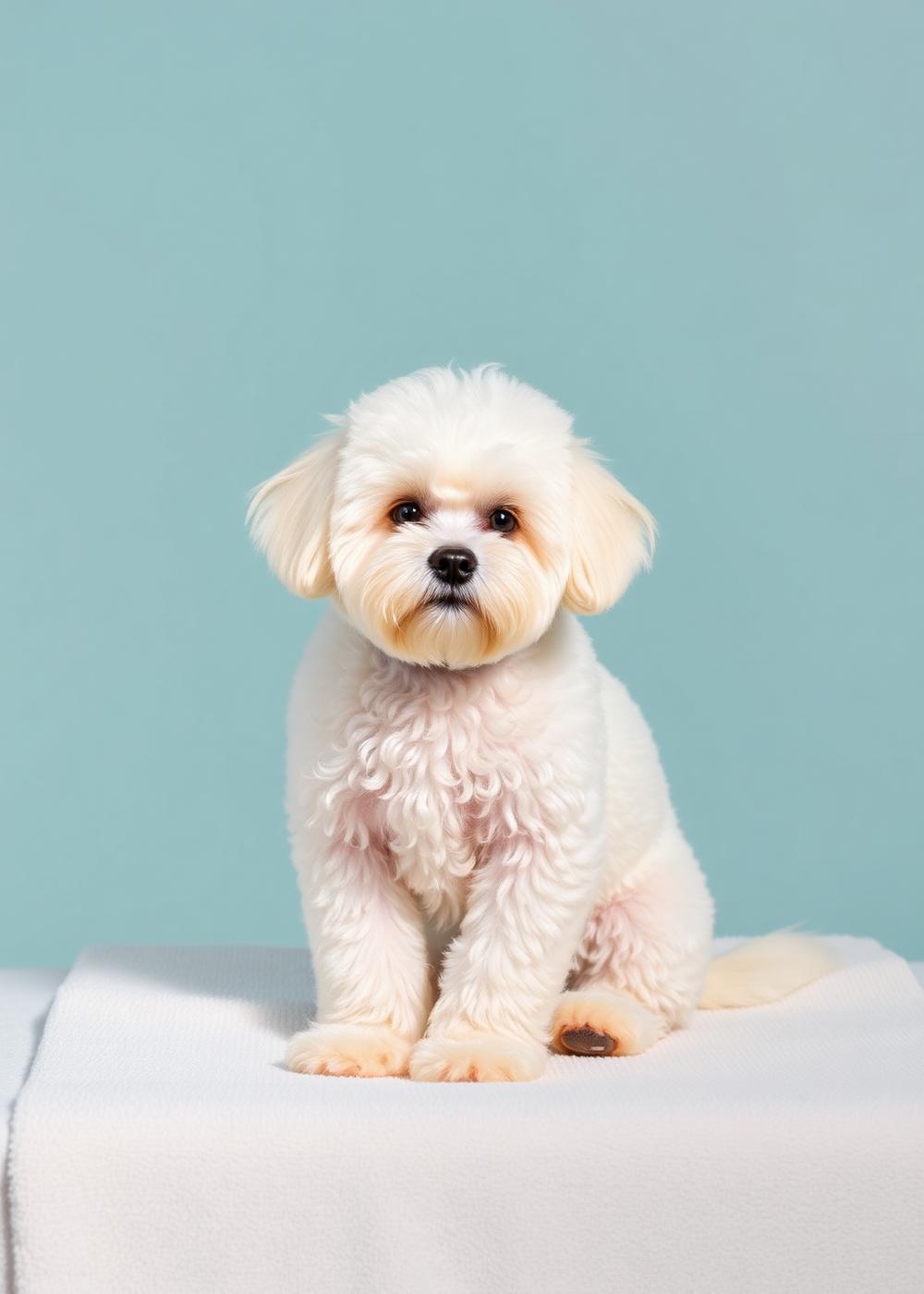 Freshly groomed white bichon frise sitting on a soft towel at Christina's Doggie Spa