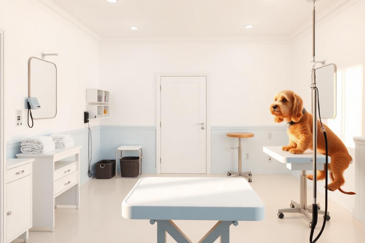 Clean, bright grooming room with fresh towels and a grooming table