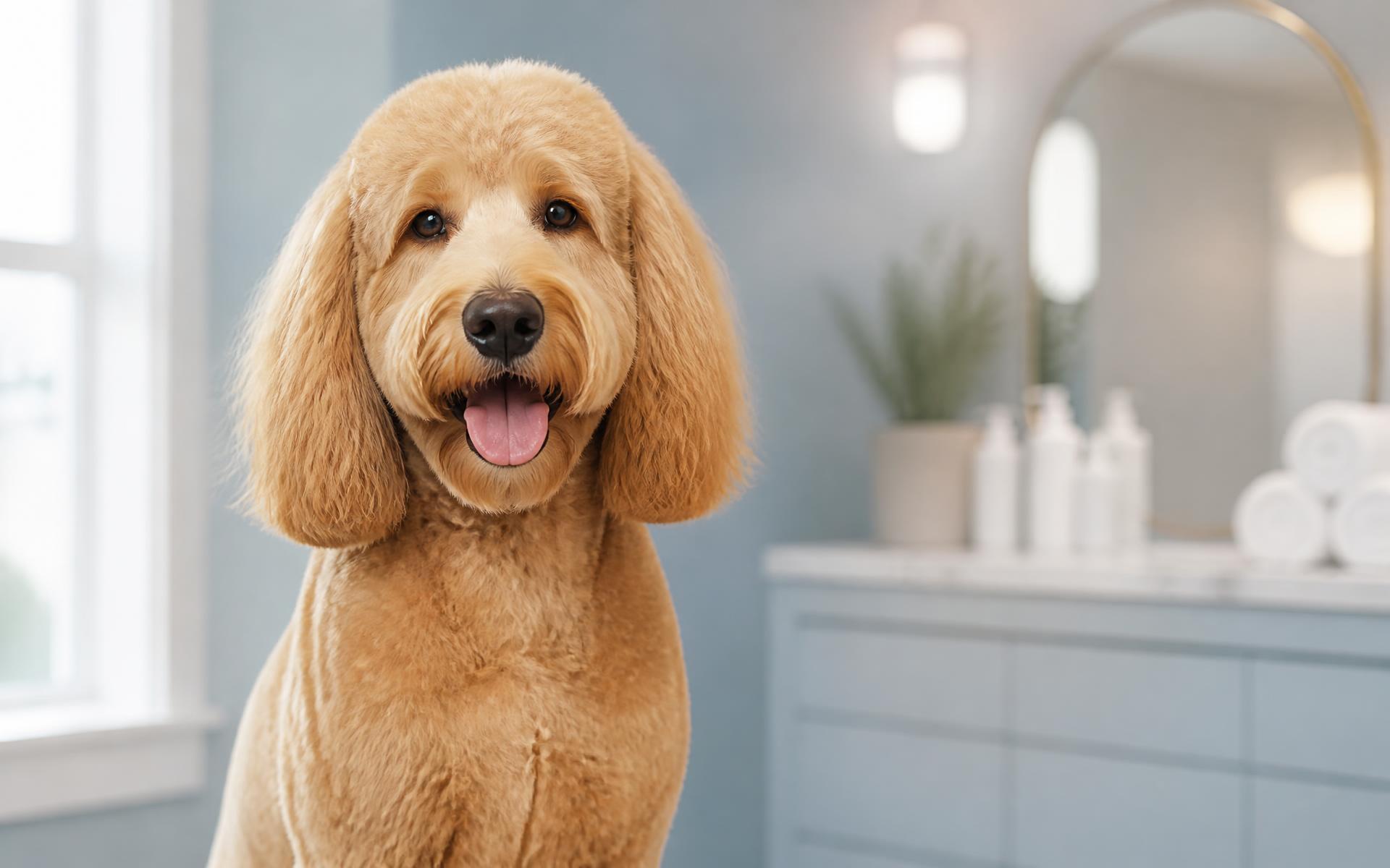 Freshly groomed goldendoodle smiling after a gentle spa day at Christina's Doggie Spa in Atascadero